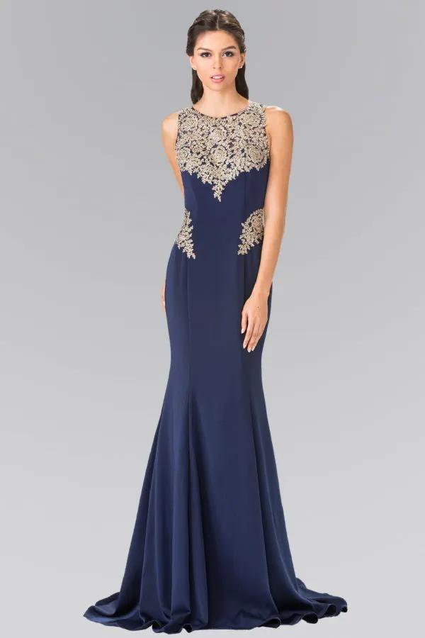Embroidery Rome Jersey Long Dress with Open Back by Tux-USA