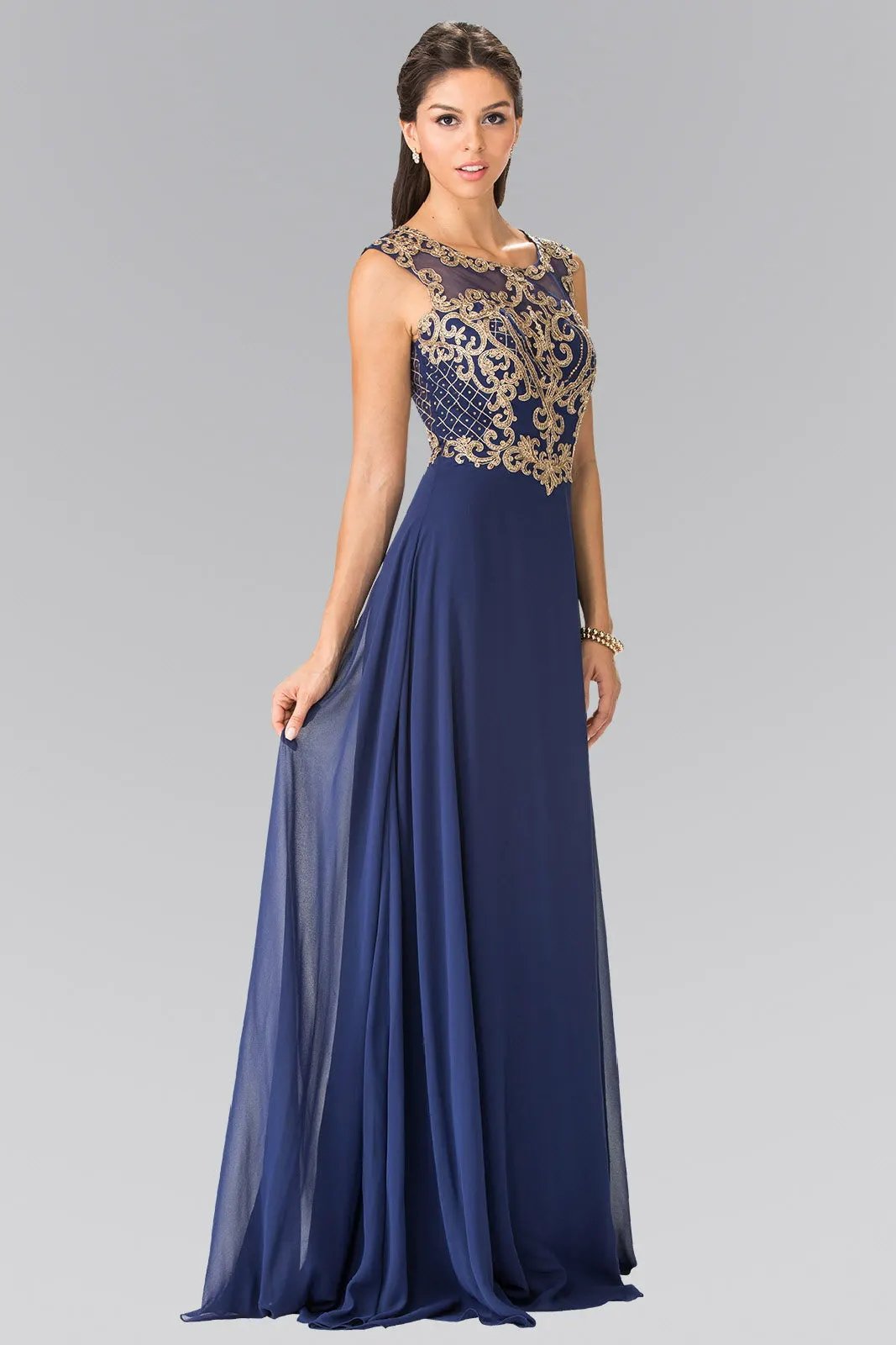 Elegant Embroidered Beaded A-Line Chiffon Long Dress For Prom By Tux-USA by Tux-USA