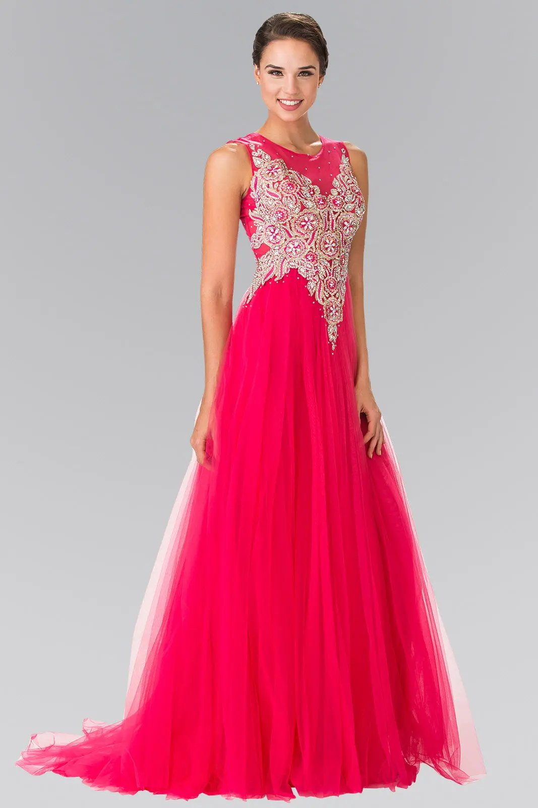 Embroidered Bodice Tulle Long Dress by Tux-USA