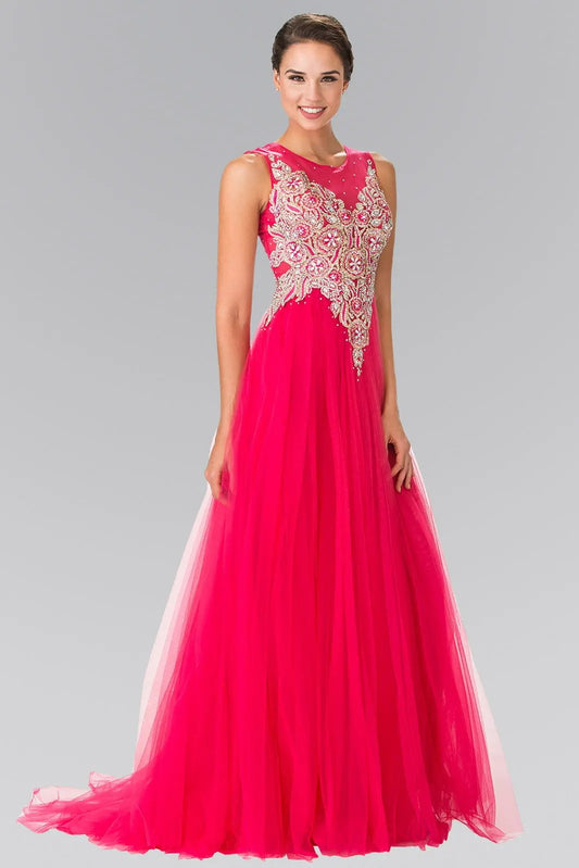 Embroidered Bodice Tulle Long Dress by Tux-USA
