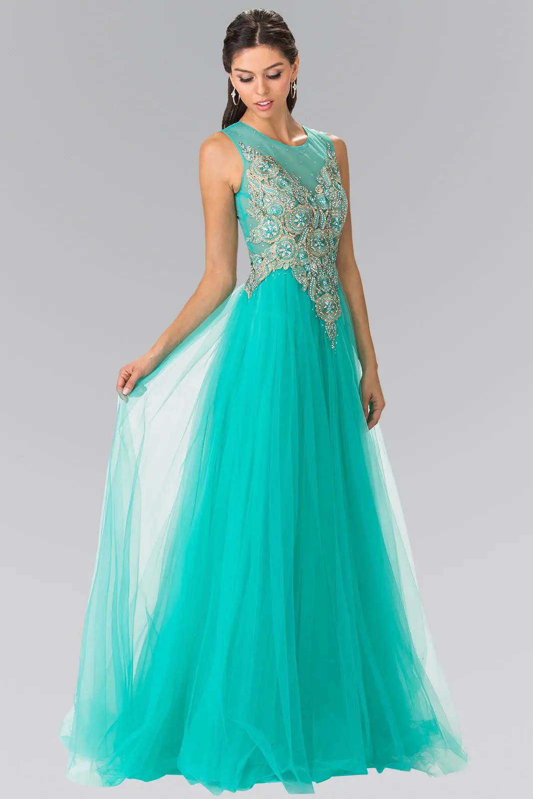 Embroidered Bodice Tulle Long Dress by Tux-USA