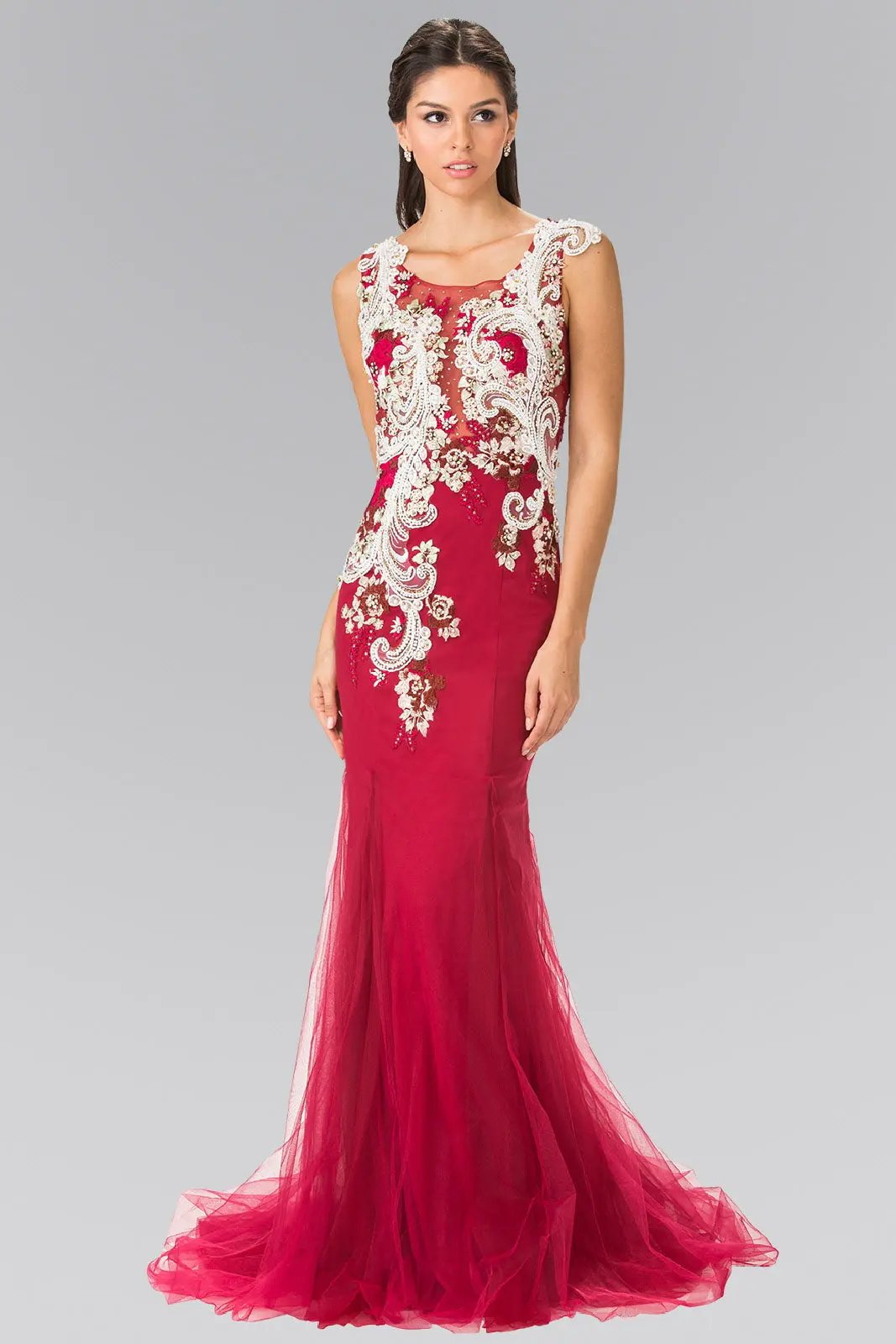 Embroidery Jersey Mermaid Long Dress with Sheer Back by Tux-USA