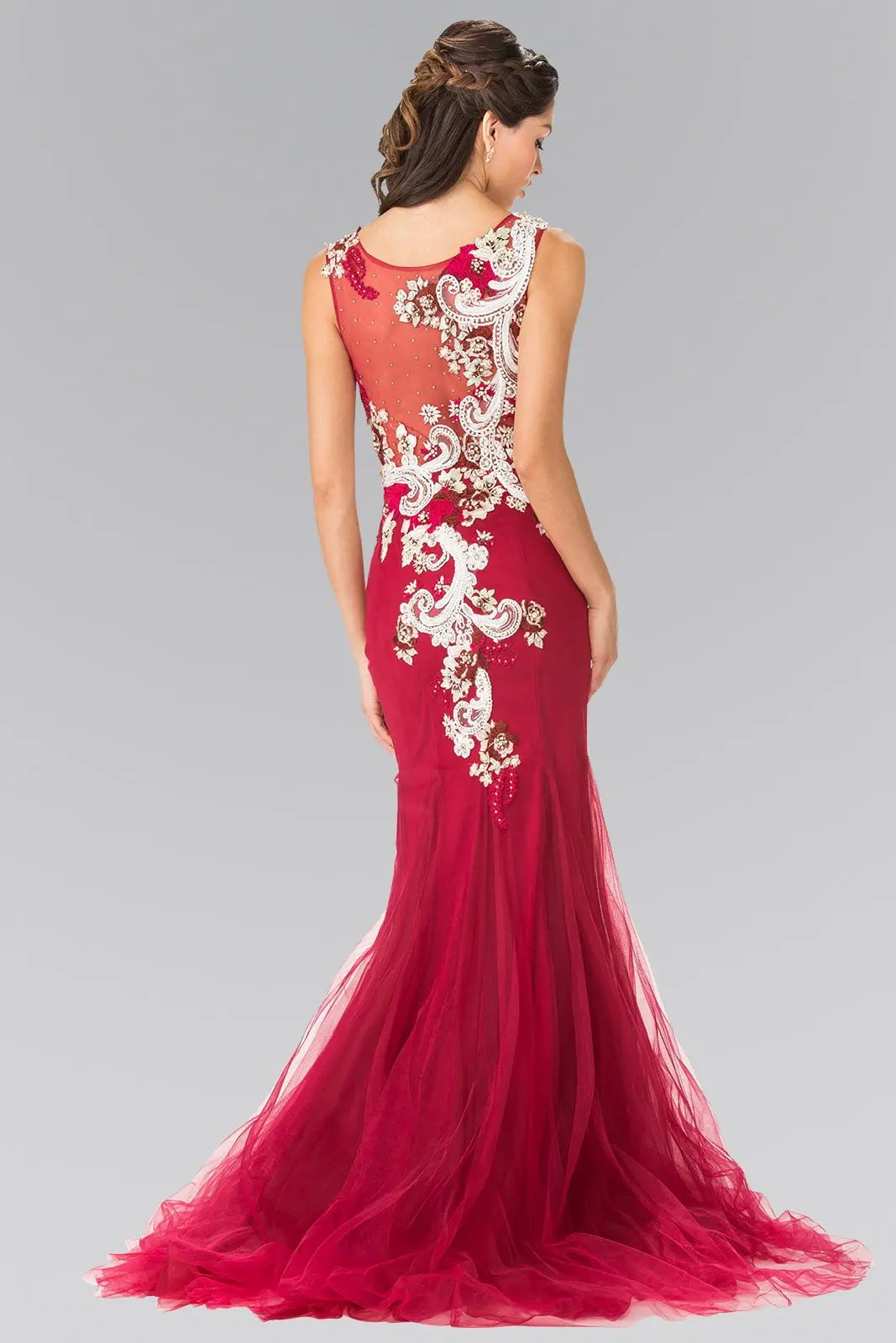Embroidery Jersey Mermaid Long Dress with Sheer Back by Tux-USA