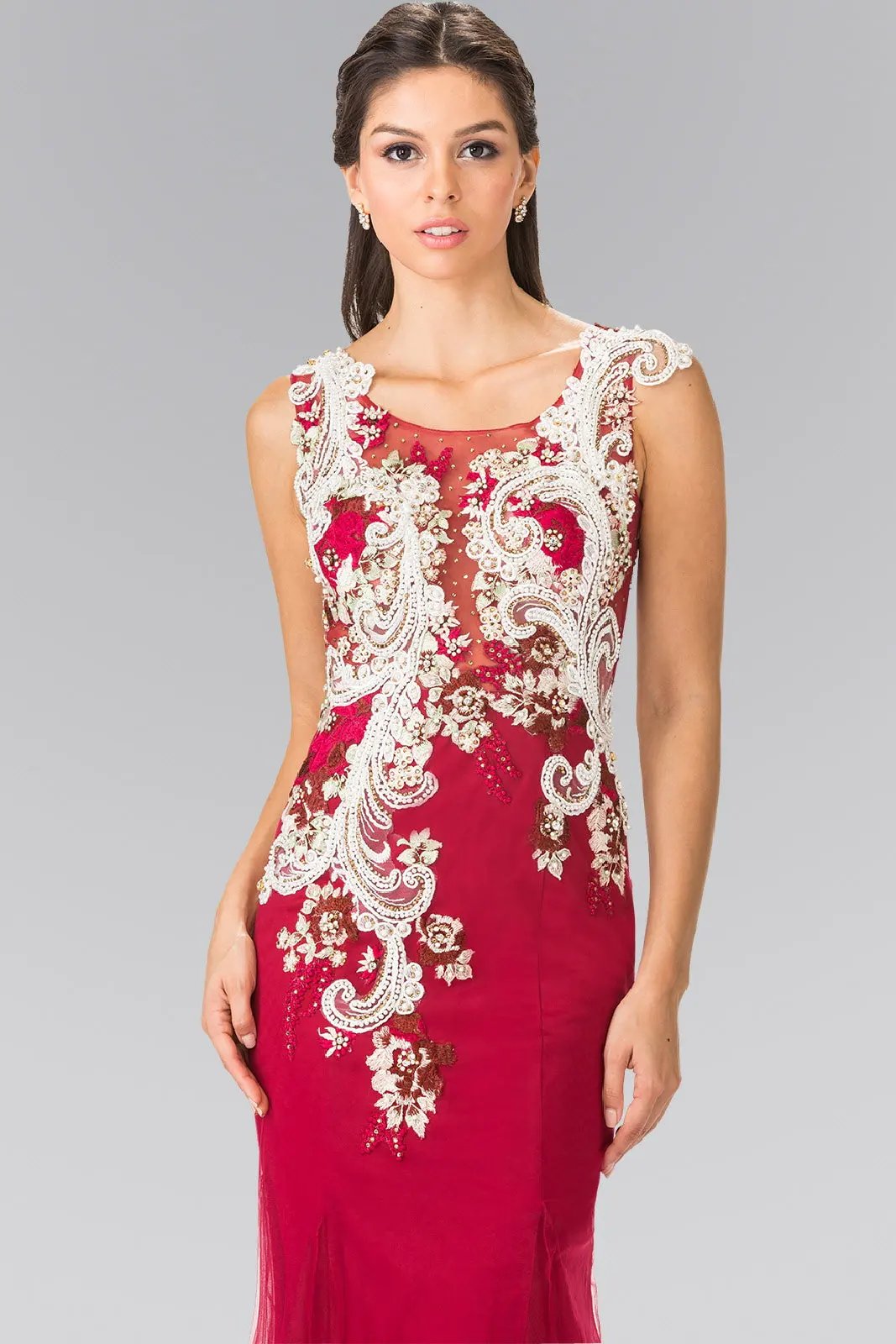 Embroidery Jersey Mermaid Long Dress with Sheer Back by Tux-USA
