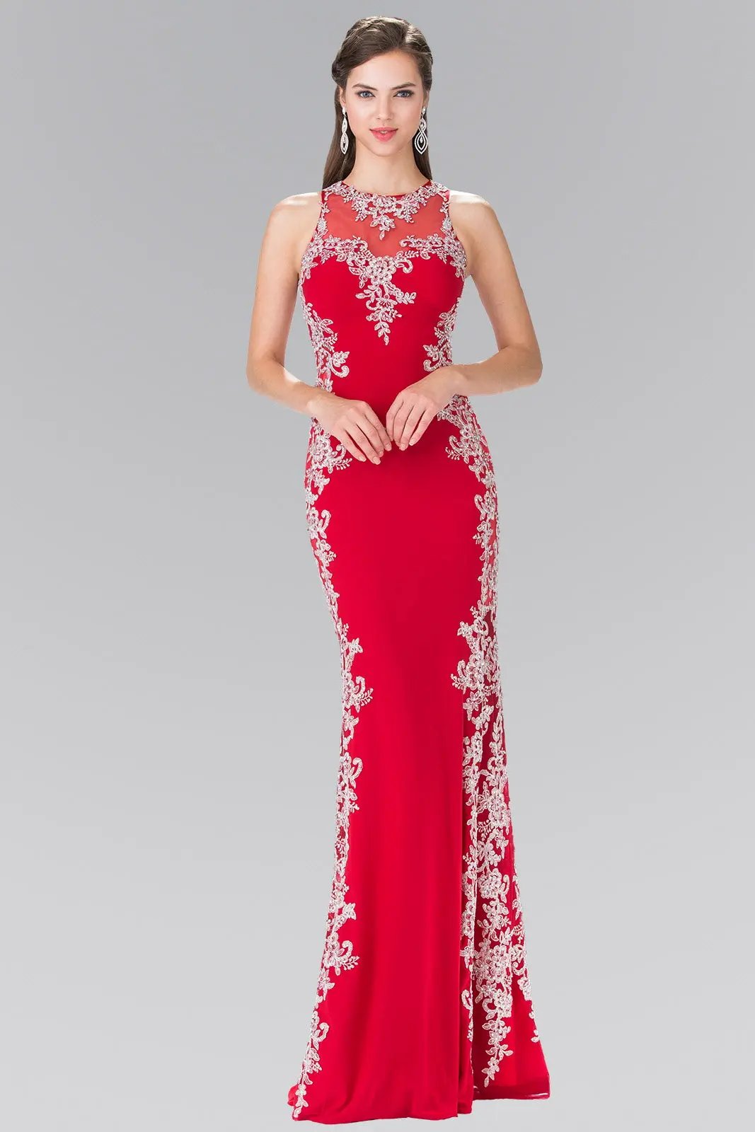 Embroidered Jersey Long Dress with Open Back by Tux-USA