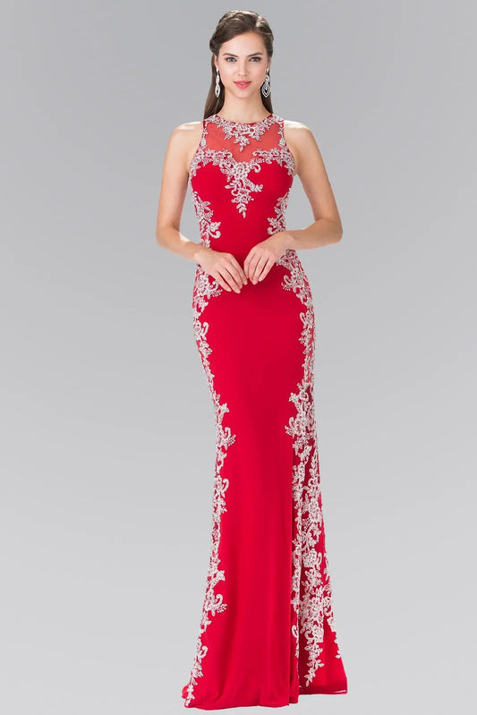 Embroidered Jersey Long Dress with Open Back by Tux-USA