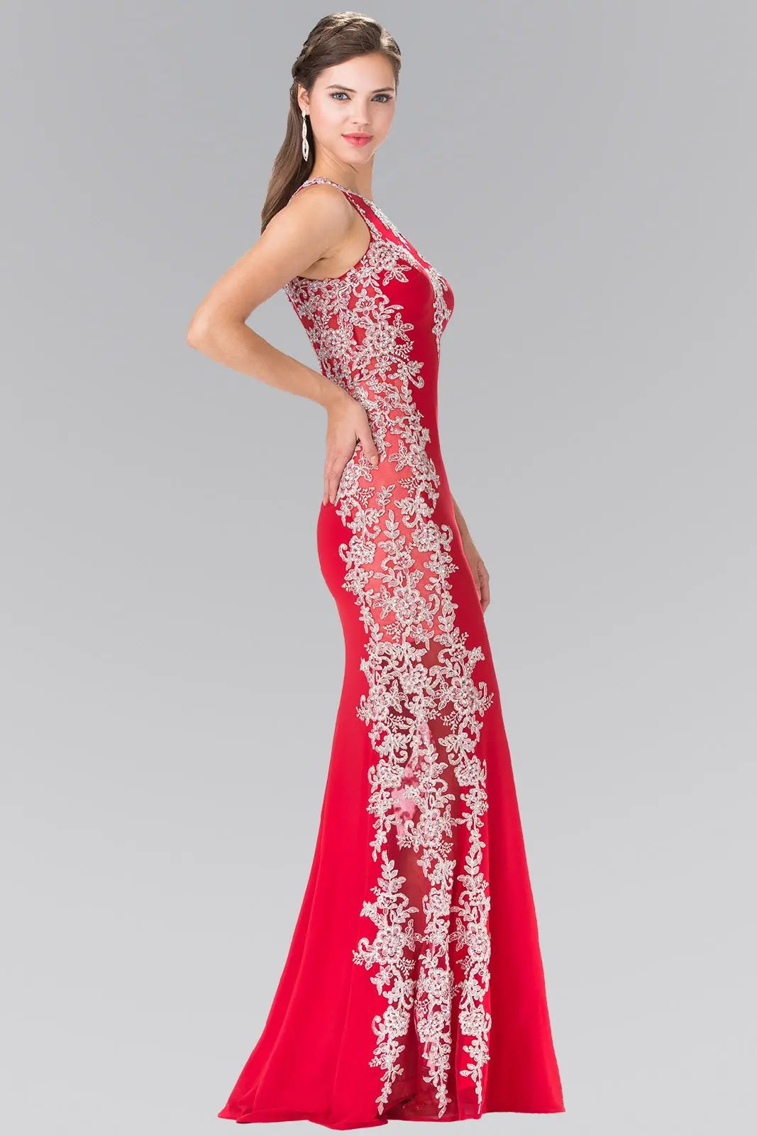 Embroidered Jersey Long Dress with Open Back by Tux-USA