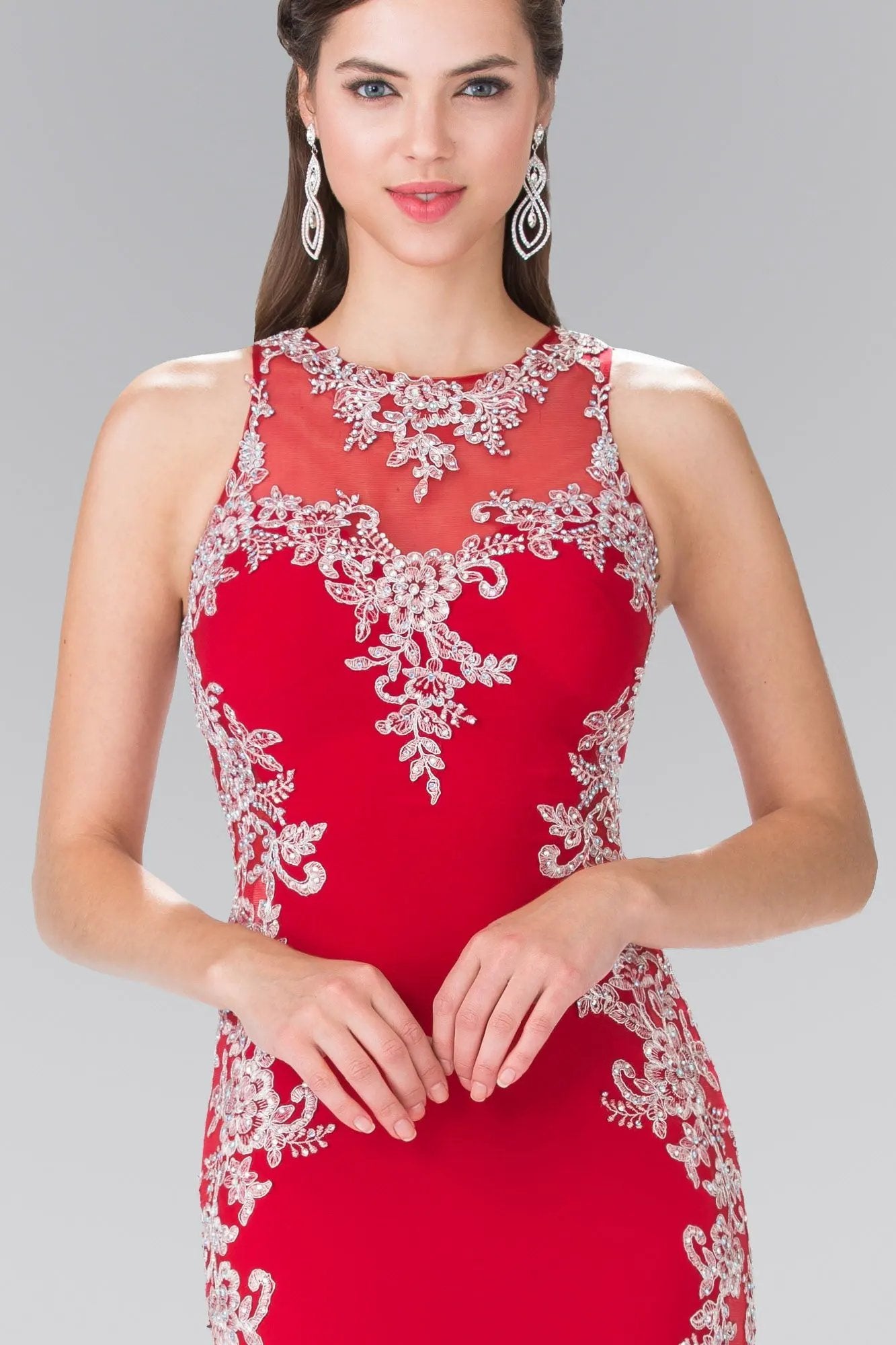 Embroidered Jersey Long Dress with Open Back by Tux-USA