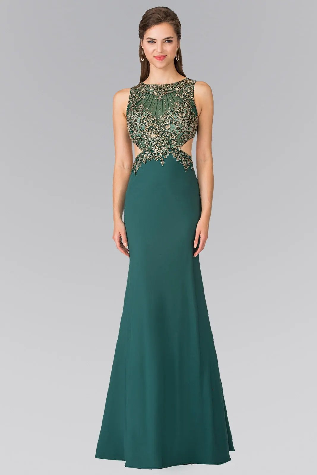 Tux-USA Embroidery Sheer Top Jersey Long Dress With Cut Outs For Women by Tux-USA
