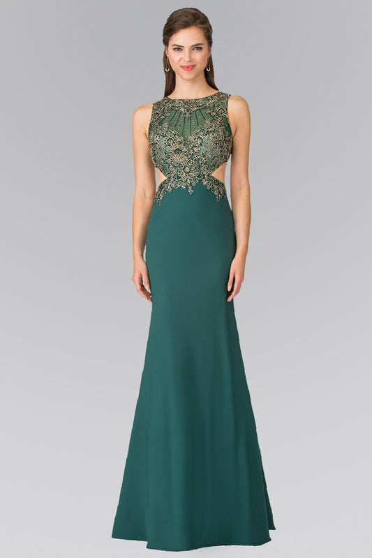 Tux-USA Embroidery Sheer Top Jersey Long Dress With Cut Outs For Women by Tux-USA
