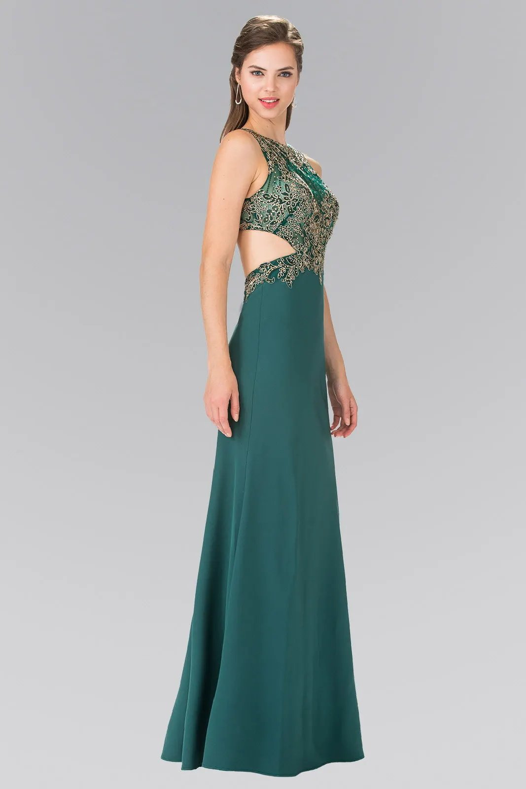 Tux-USA Embroidery Sheer Top Jersey Long Dress With Cut Outs For Women by Tux-USA