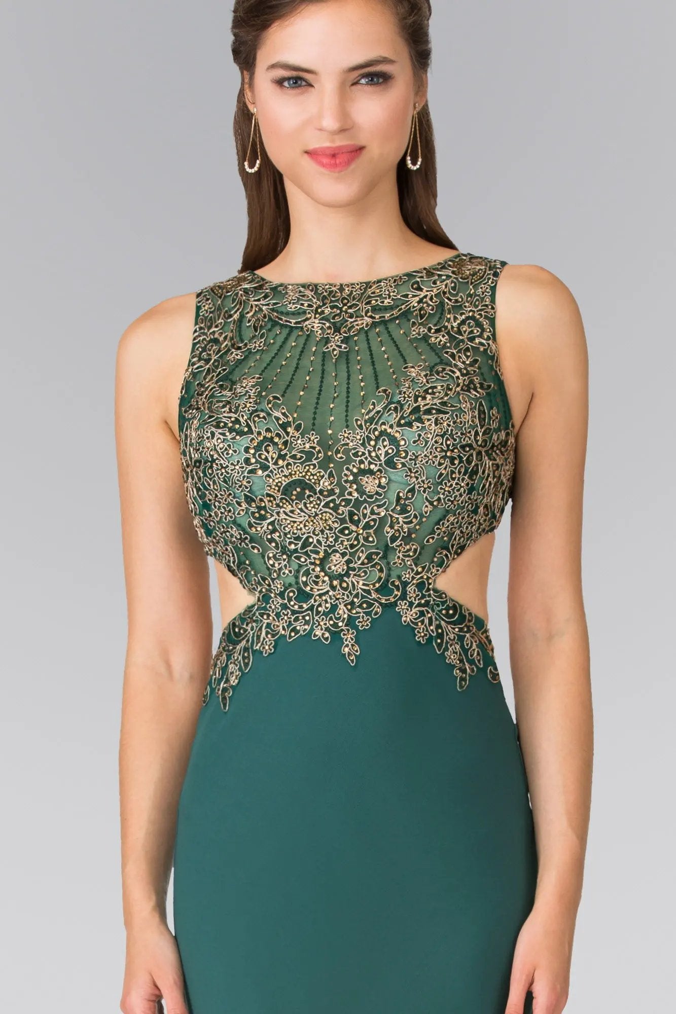Tux-USA Embroidery Sheer Top Jersey Long Dress With Cut Outs For Women by Tux-USA