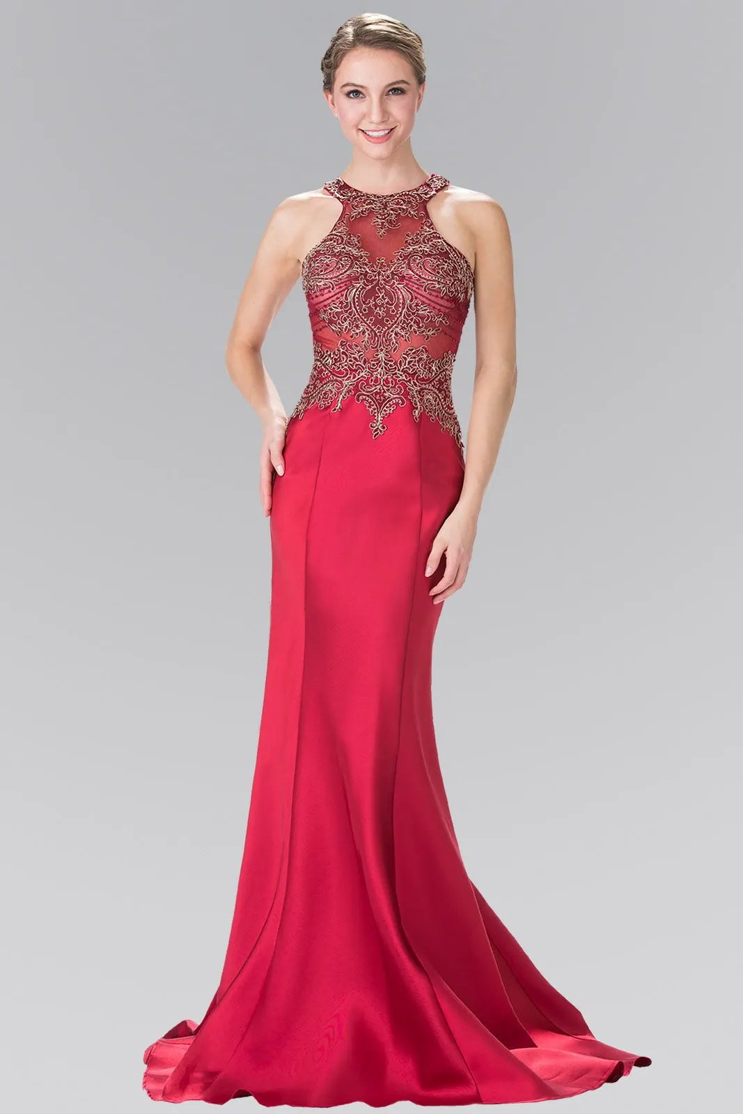 Beads and Embroidery Embellished Sheer Bodice Jersey Long Dress by Tux-USA