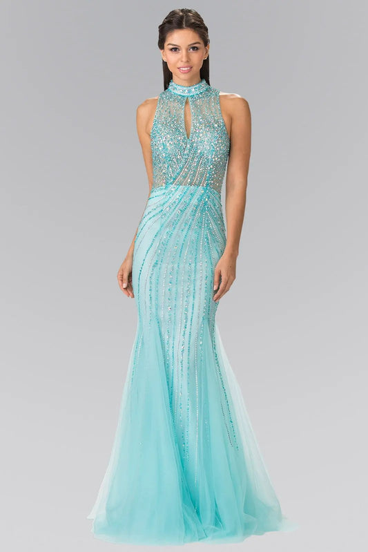 Full Beaded Halter Neck Illusion Top Dress with Open Back by Tux-USA