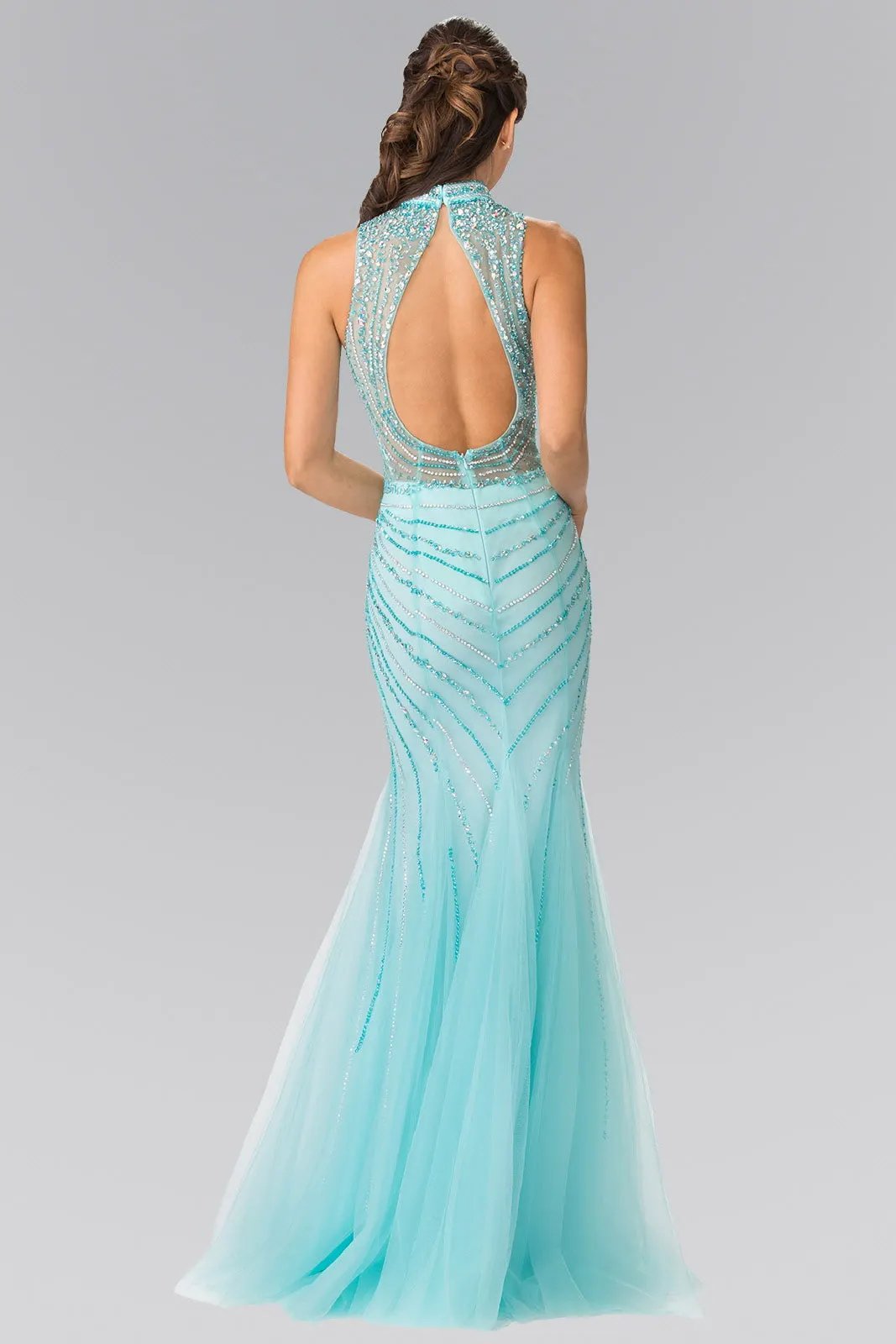 Full Beaded Halter Neck Illusion Top Dress with Open Back by Tux-USA