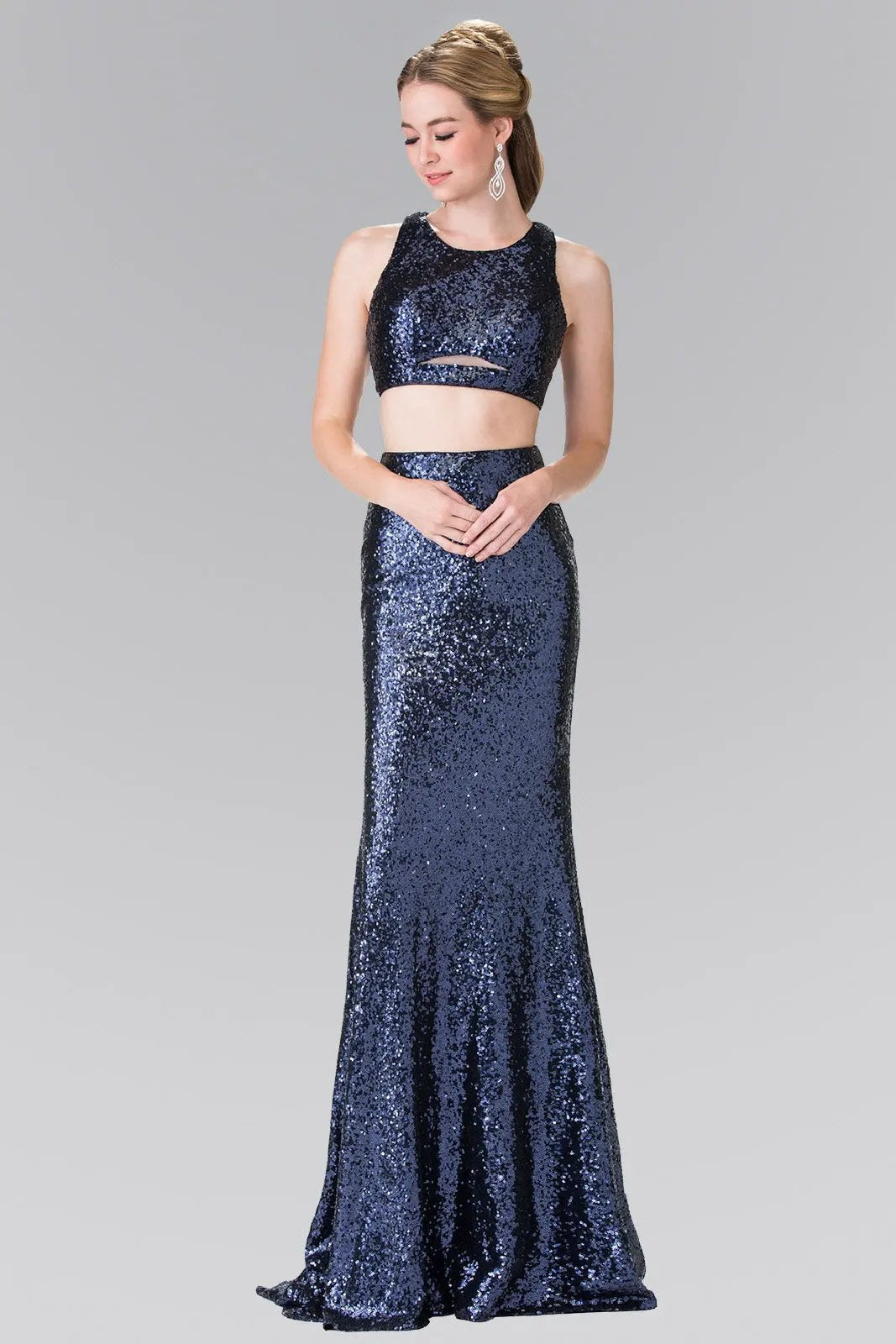 Mock Two-Piece Sequin Long Dress Accented with Side-Cuts by Tux-USA