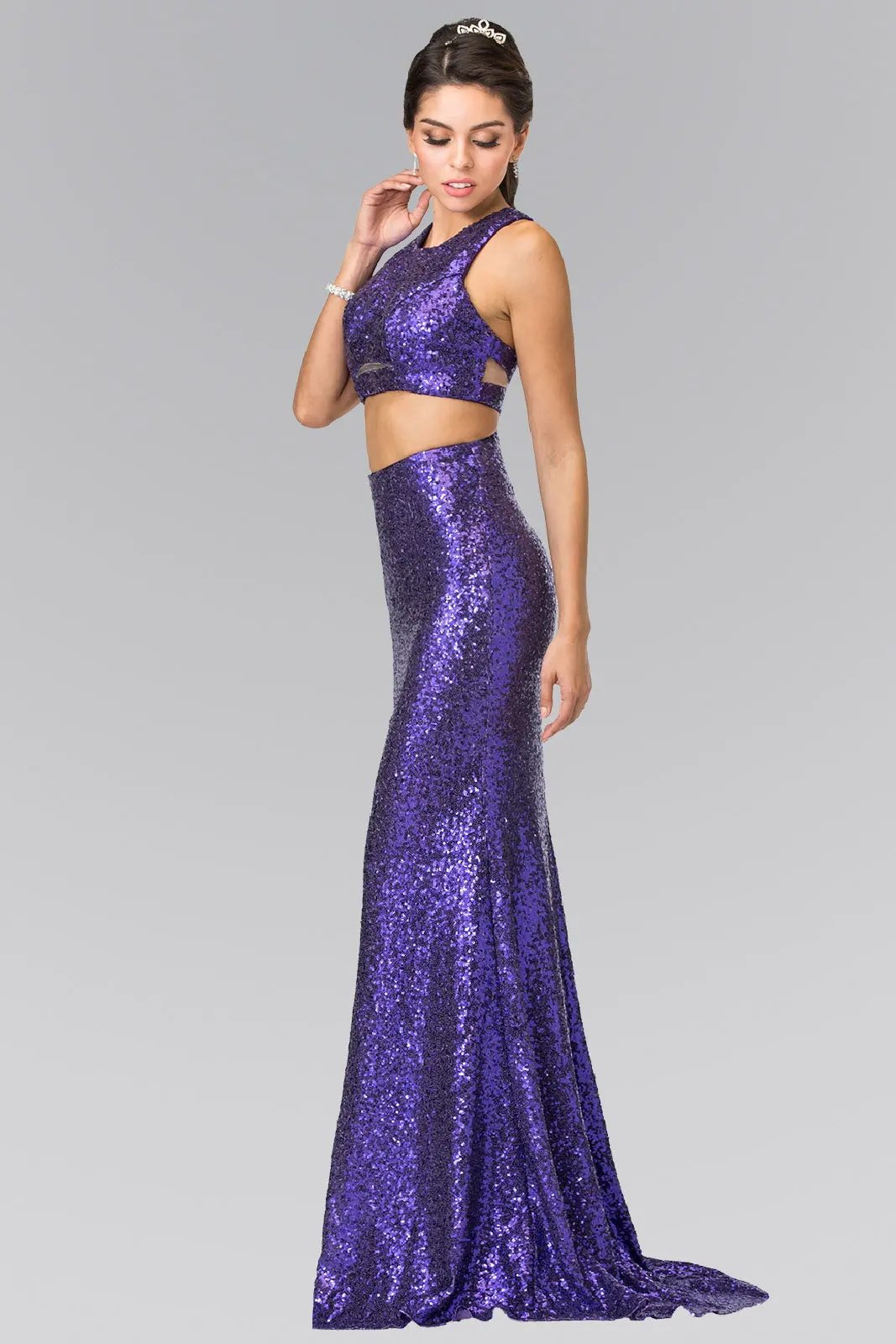 Mock Two-Piece Sequin Long Dress Accented with Side-Cuts by Tux-USA