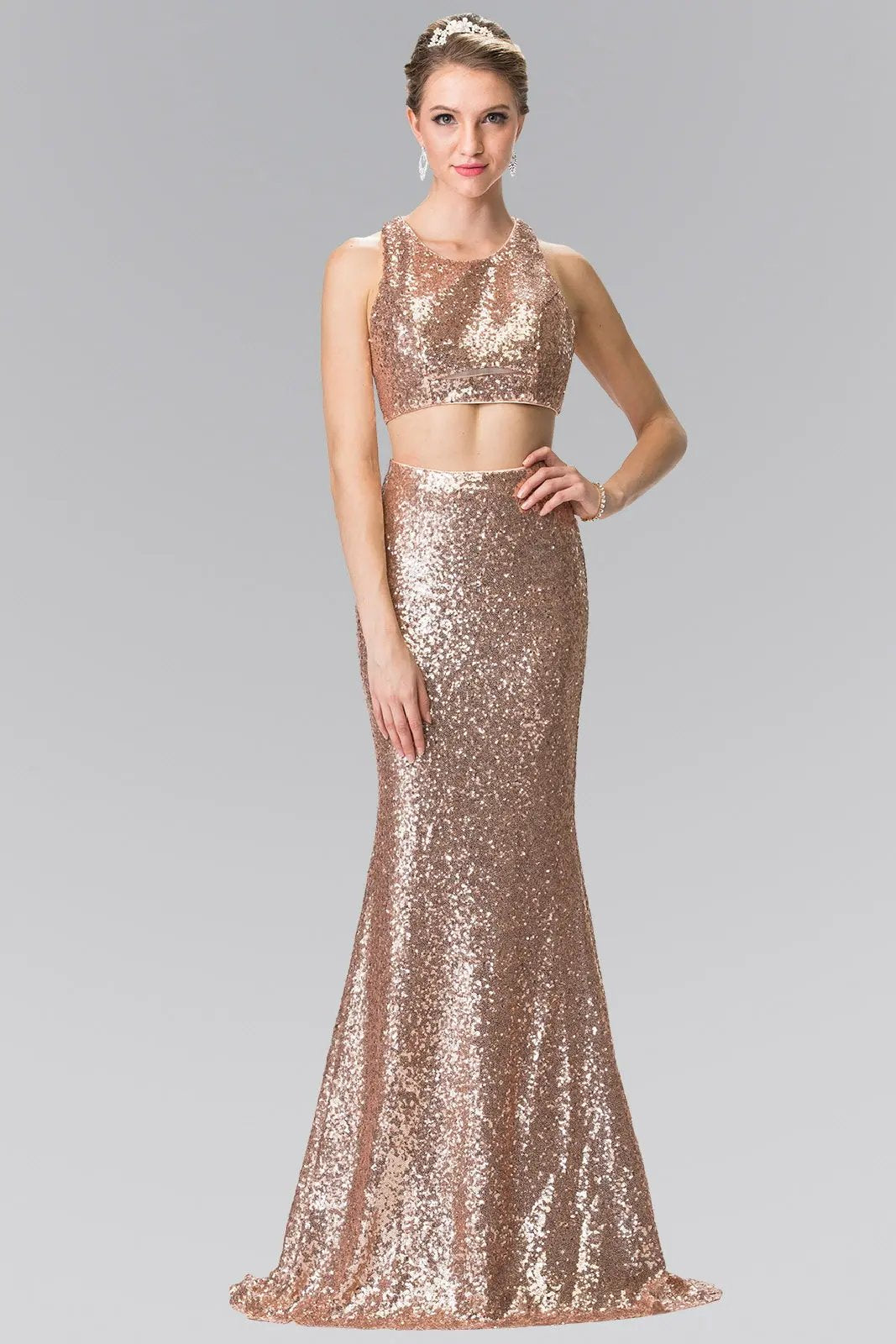 Mock Two-Piece Sequin Long Dress Accented with Side-Cuts by Tux-USA