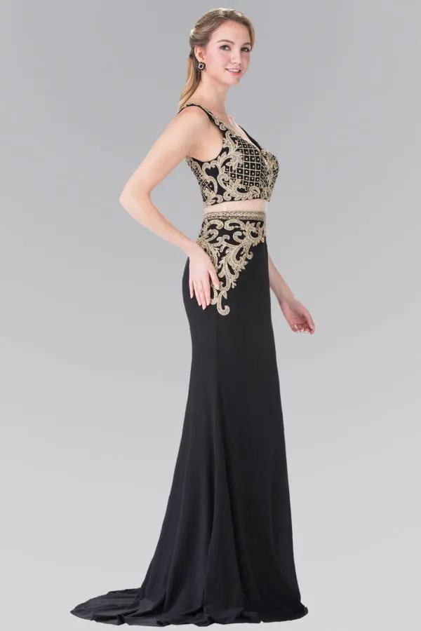 Mock Two-Piece Embroidered Jersey Long Dress by Tux-USA