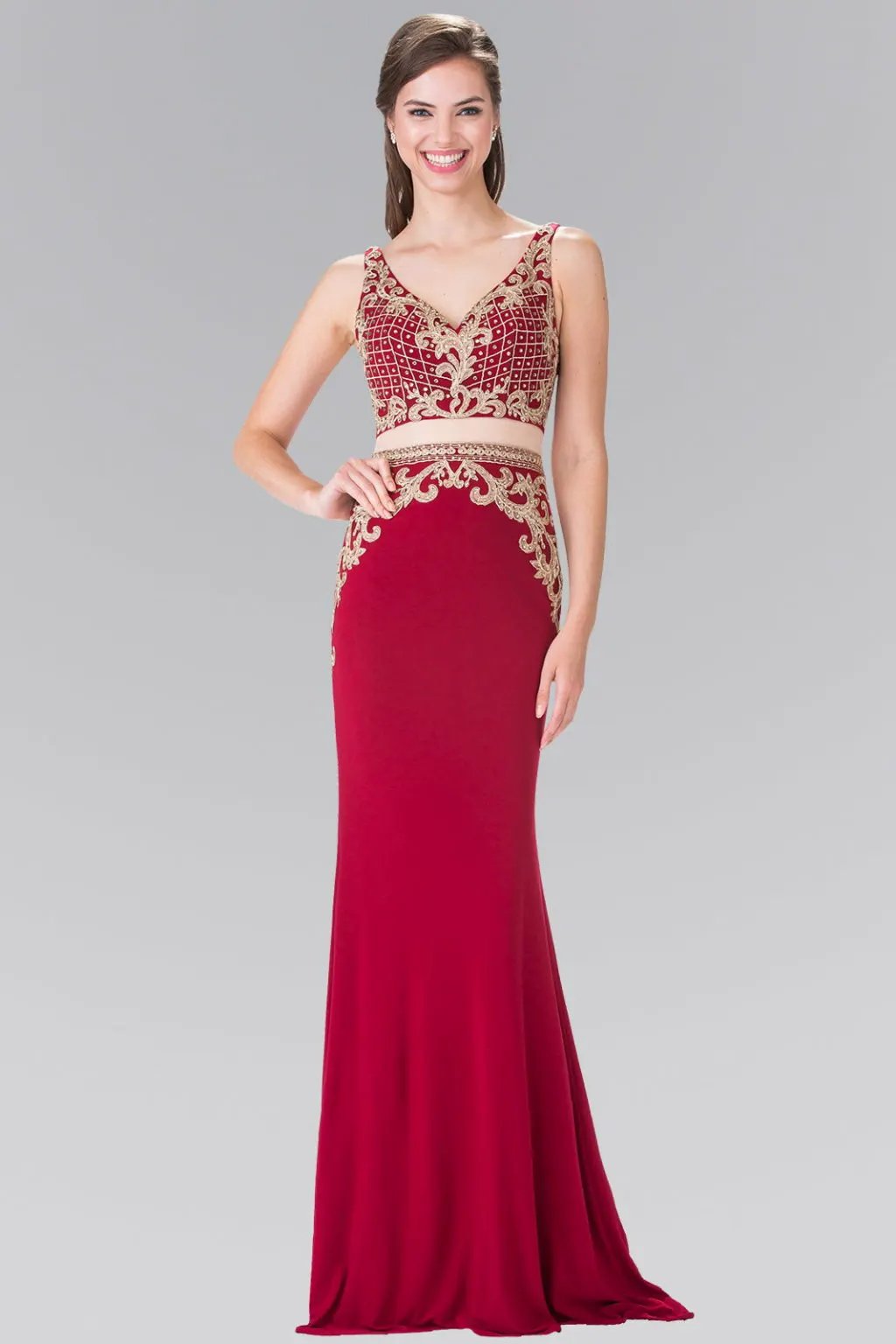 Mock Two-Piece Embroidered Jersey Long Dress by Tux-USA