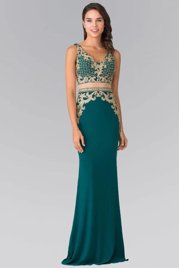Mock Two-Piece Embroidered Jersey Long Dress by Tux-USA