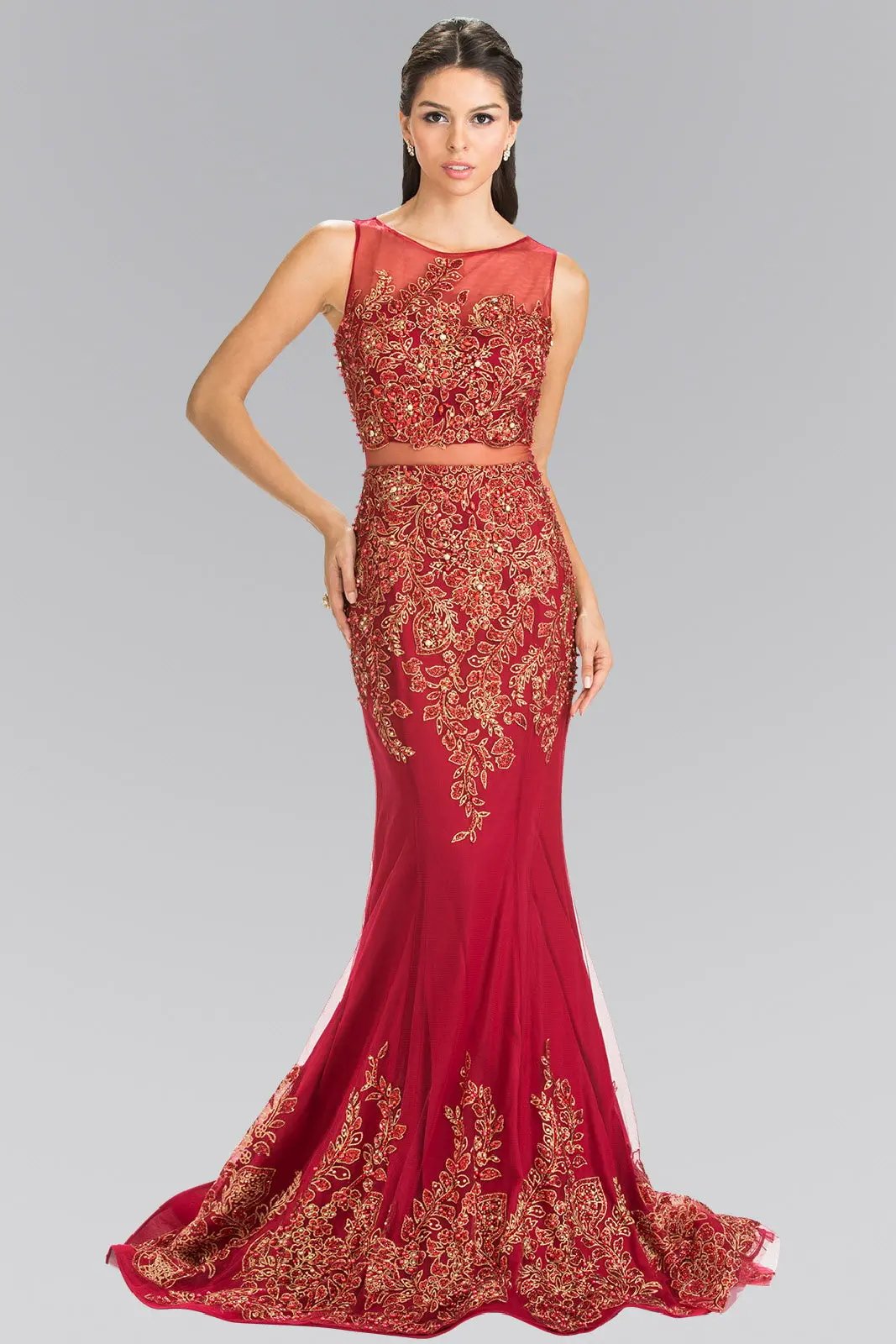 Mock Two-Piece Embroidered Jersey Long Dress by Tux-USA