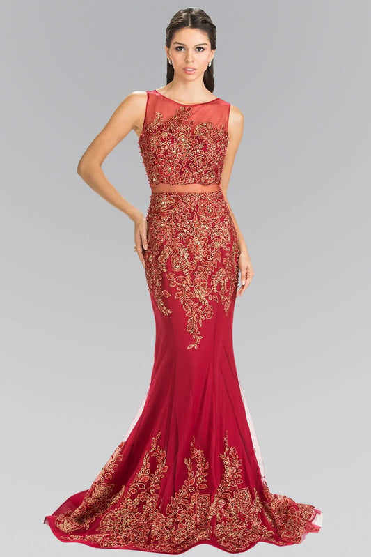 Mock Two-Piece Embroidered Jersey Long Dress by Tux-USA