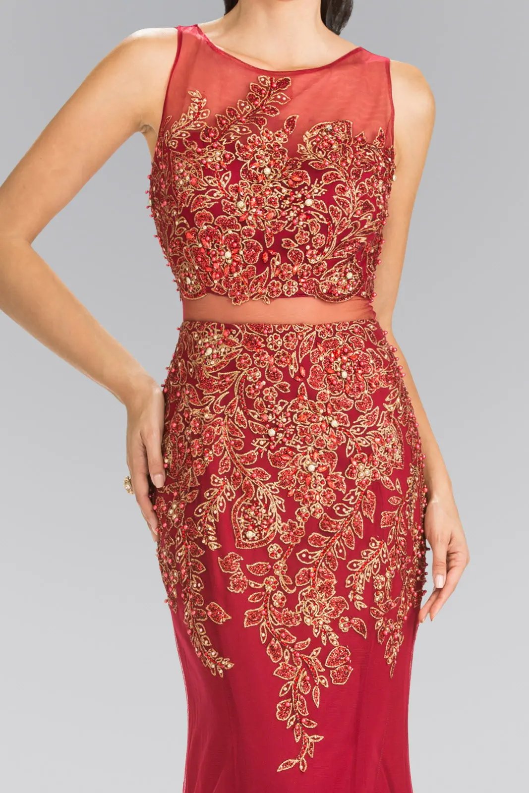 Mock Two-Piece Embroidered Jersey Long Dress by Tux-USA