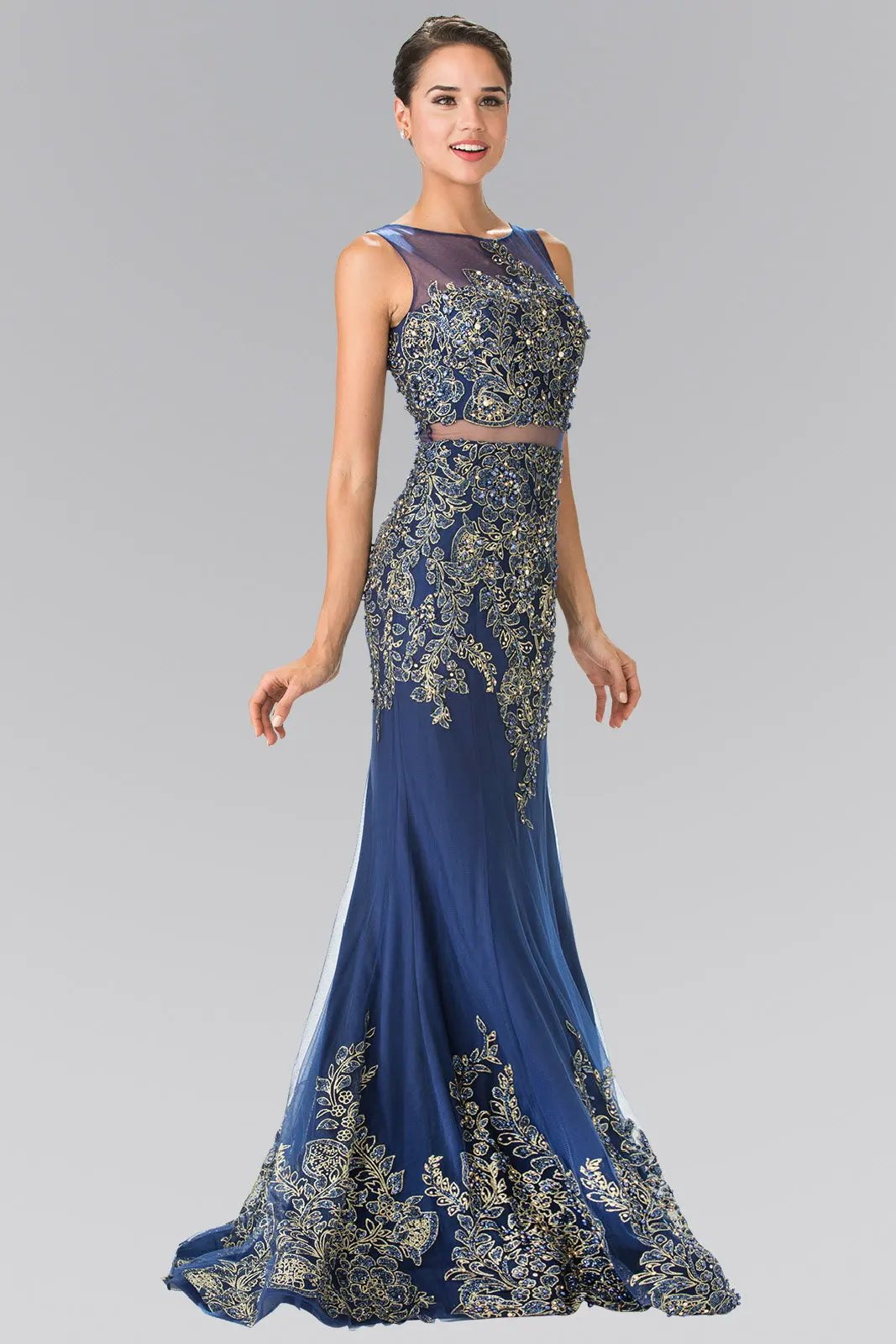 Mock Two-Piece Embroidered Jersey Long Dress by Tux-USA