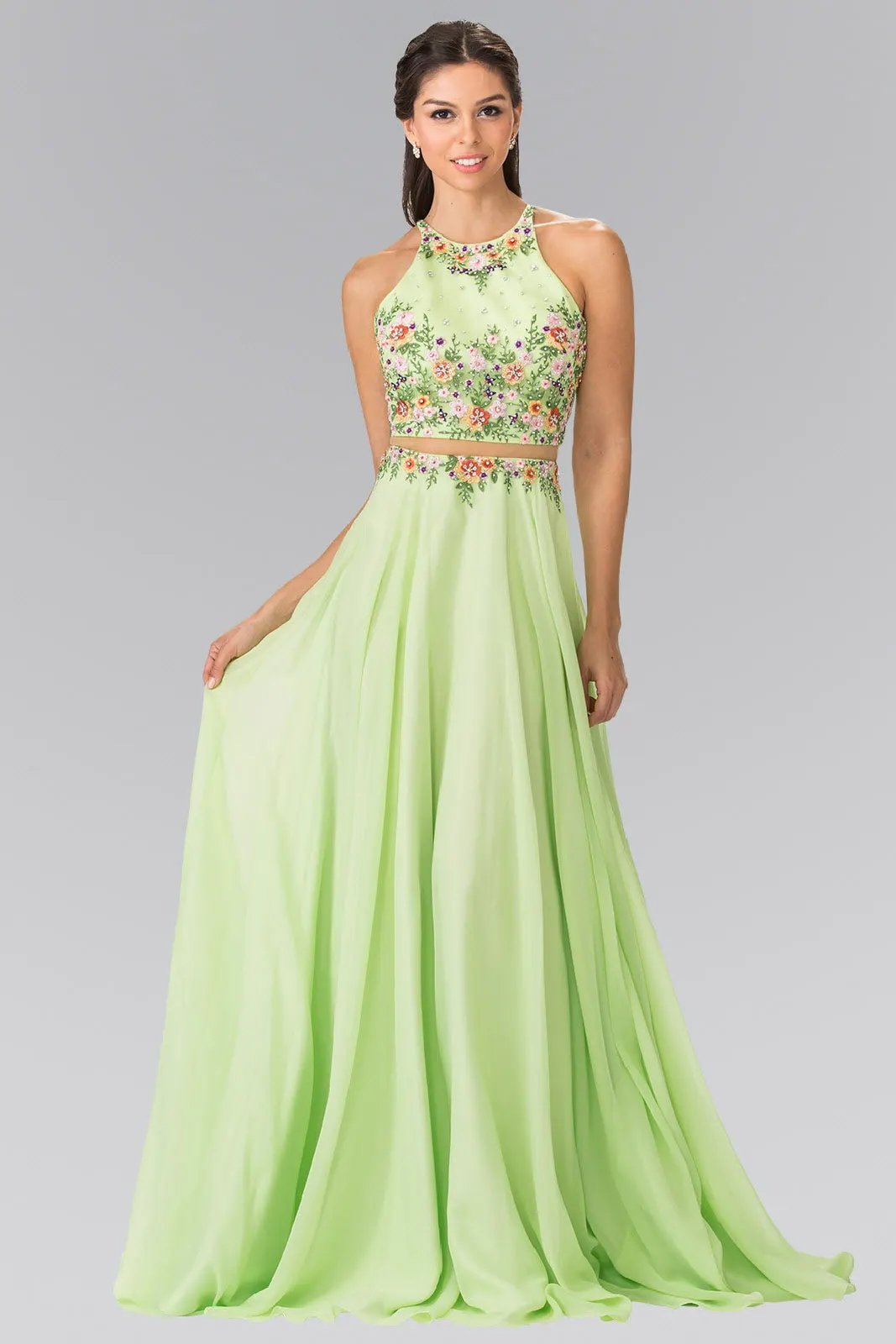 High-Neck Mock Two-Piece Long Dress with Criss Crossing Back by Tux-USA