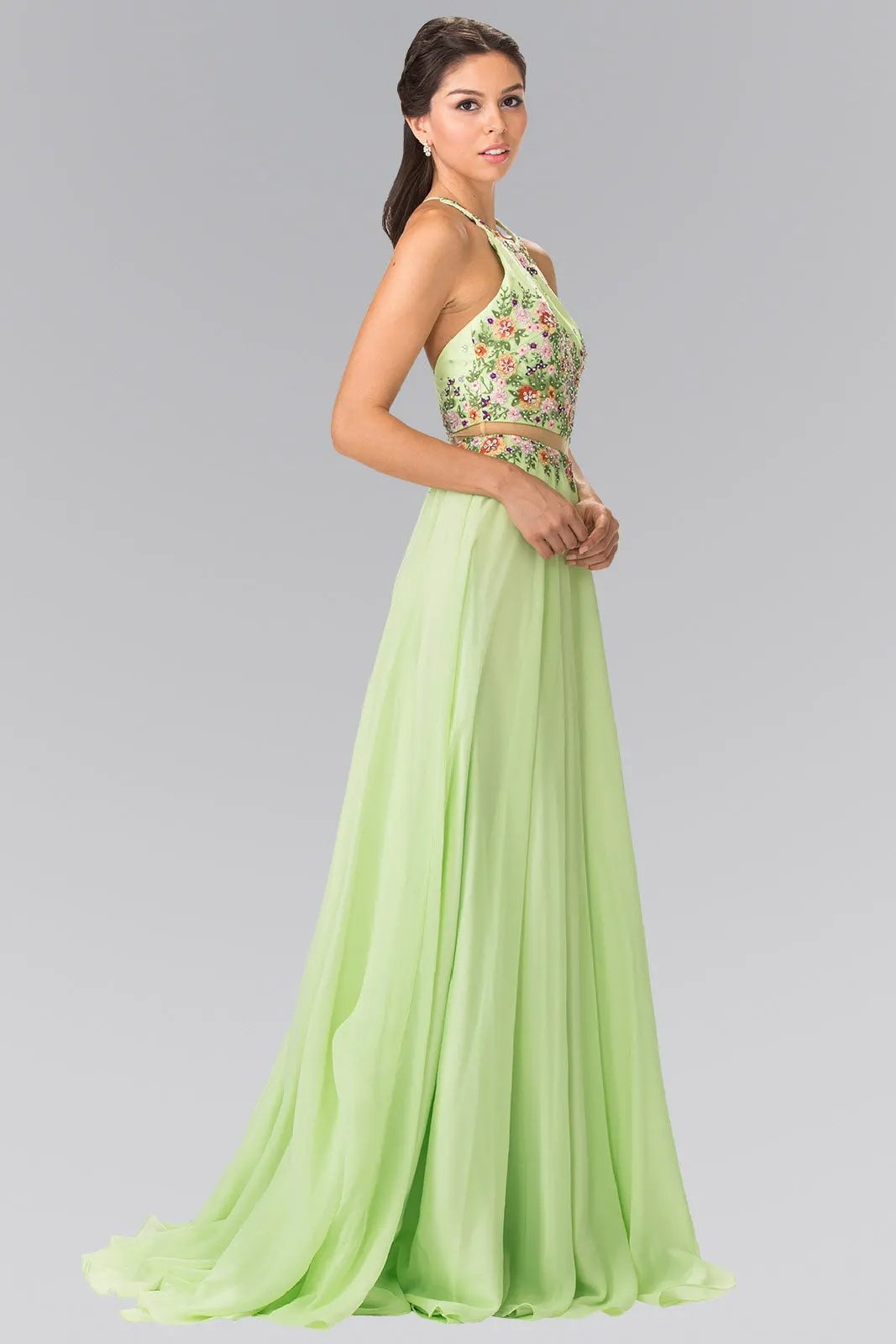 High-Neck Mock Two-Piece Long Dress with Criss Crossing Back by Tux-USA