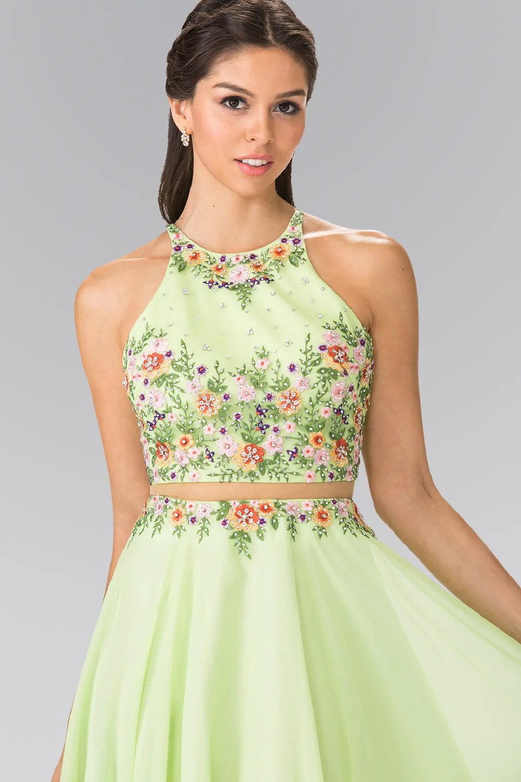 High-Neck Mock Two-Piece Long Dress with Criss Crossing Back by Tux-USA