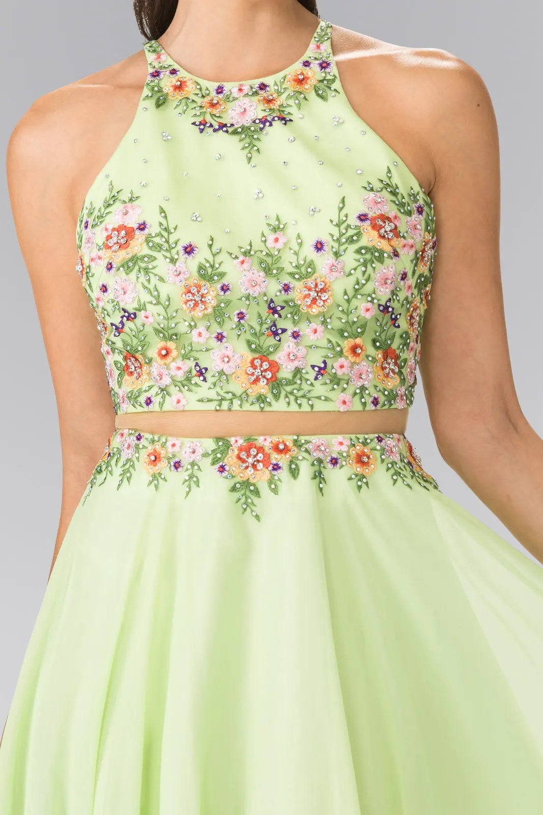 High-Neck Mock Two-Piece Long Dress with Criss Crossing Back by Tux-USA