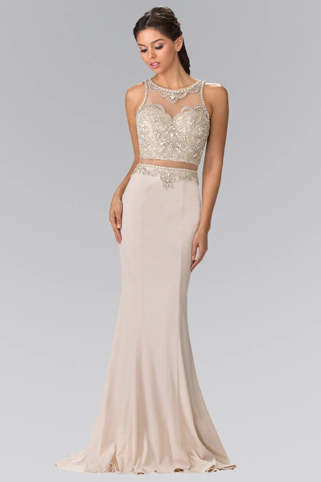 Mock Two-Piece Long Dress with Beaded Top by Tux-USA