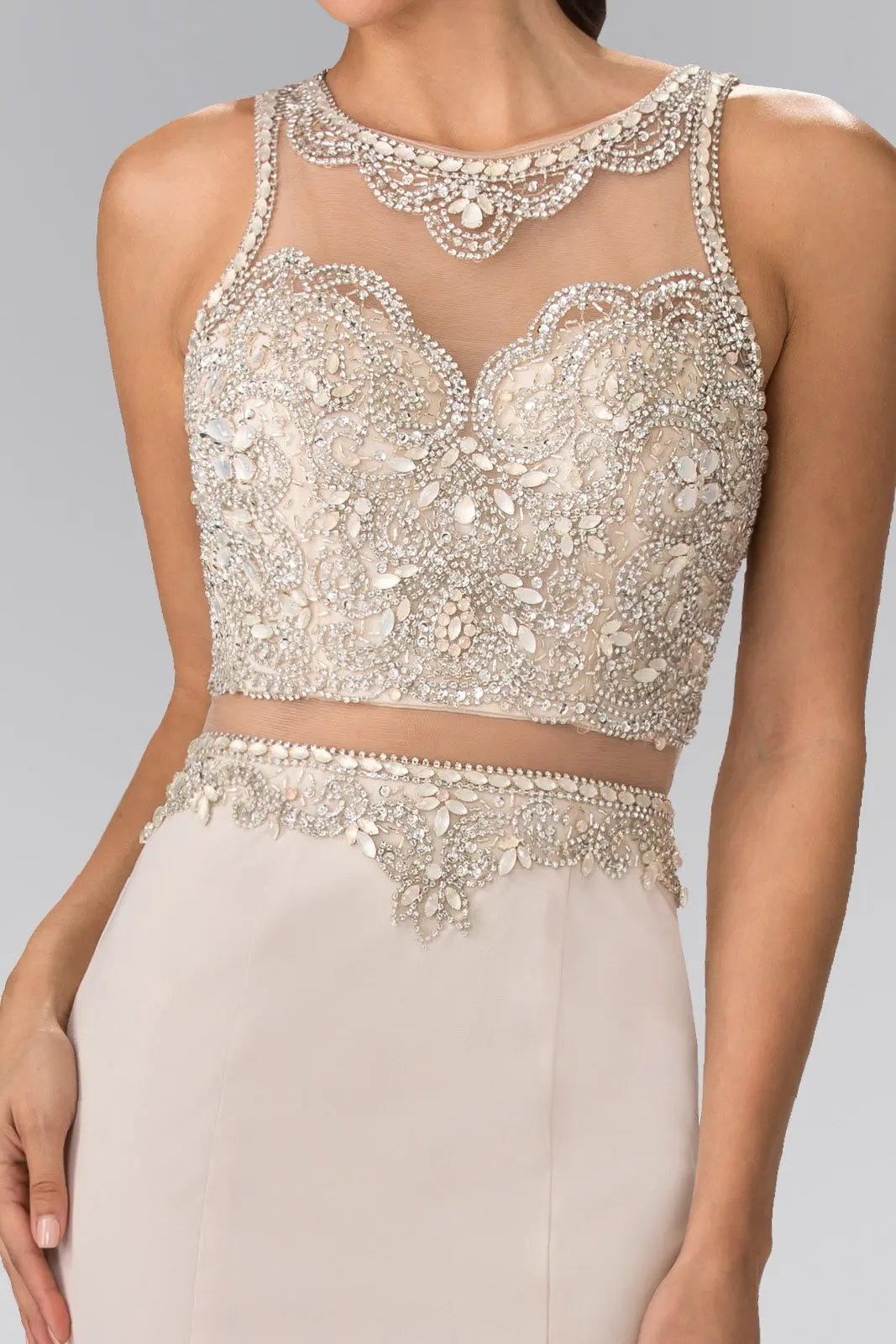 Mock Two-Piece Long Dress with Beaded Top by Tux-USA