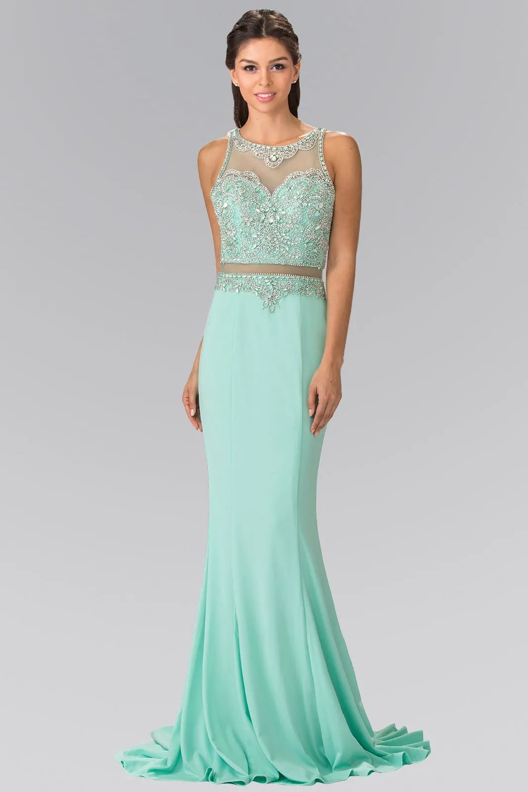 Mock Two-Piece Long Dress with Beaded Top by Tux-USA
