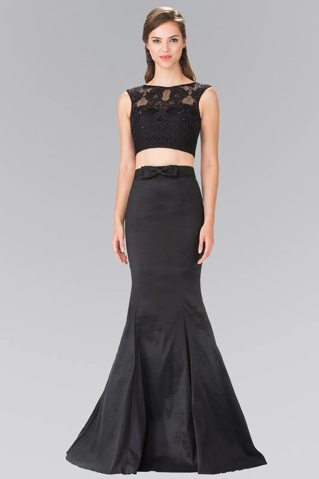 Two Piece Taffeta Long Dress Accented with Ribbon Waist and Lace Top by Tux-USA