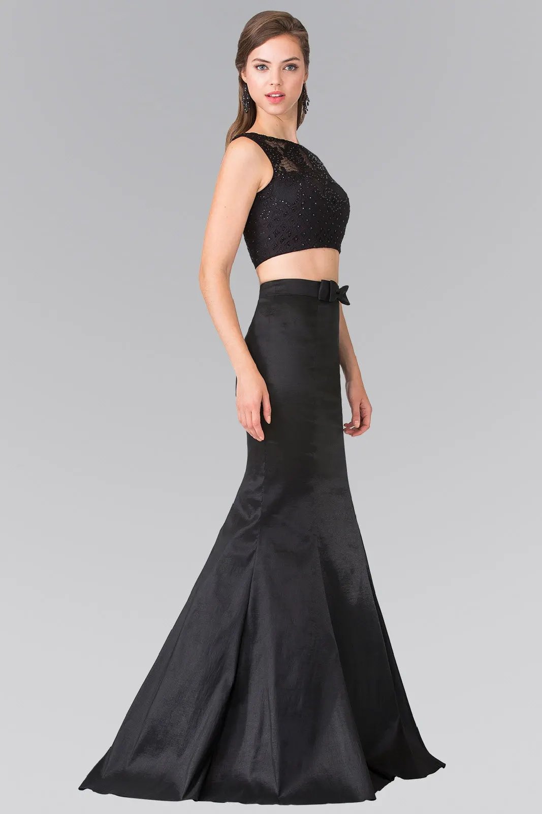 Two Piece Taffeta Long Dress Accented with Ribbon Waist and Lace Top by Tux-USA