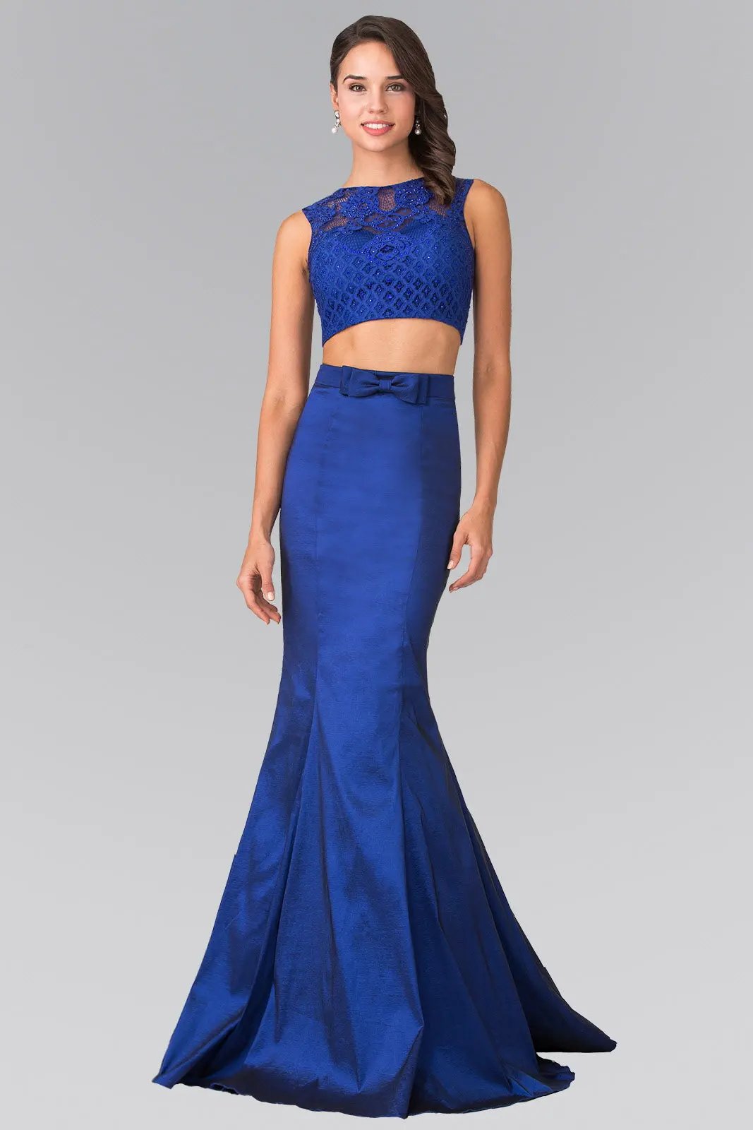 Two Piece Taffeta Long Dress Accented with Ribbon Waist and Lace Top by Tux-USA