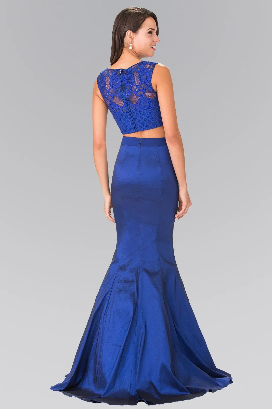 Two Piece Taffeta Long Dress Accented with Ribbon Waist and Lace Top by Tux-USA
