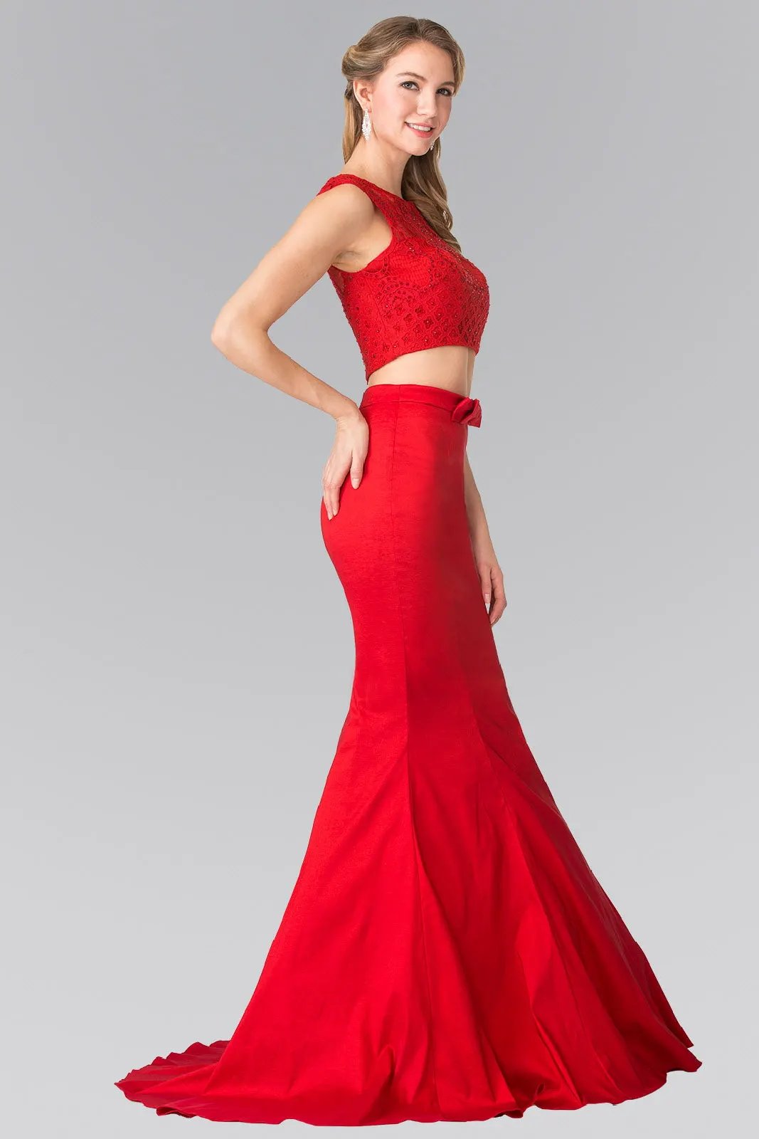 Two Piece Taffeta Long Dress Accented with Ribbon Waist and Lace Top by Tux-USA