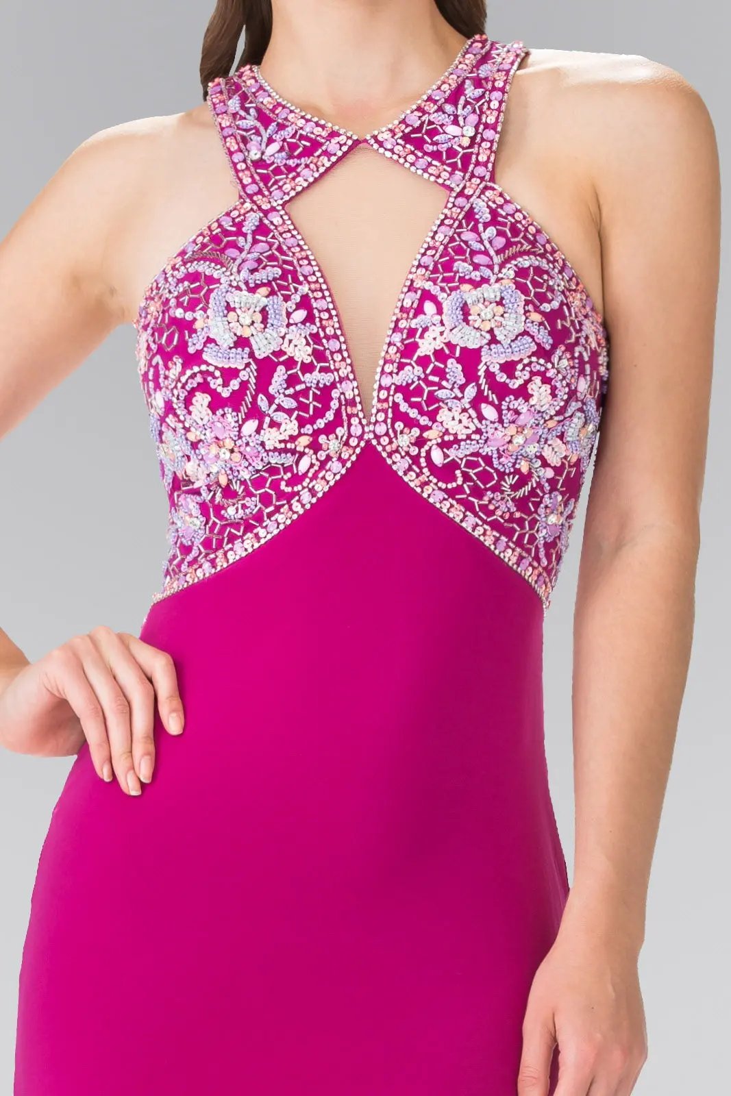 Beads Embellished Jersey Long Dress with Cut-Out Front and Back by Tux-USA