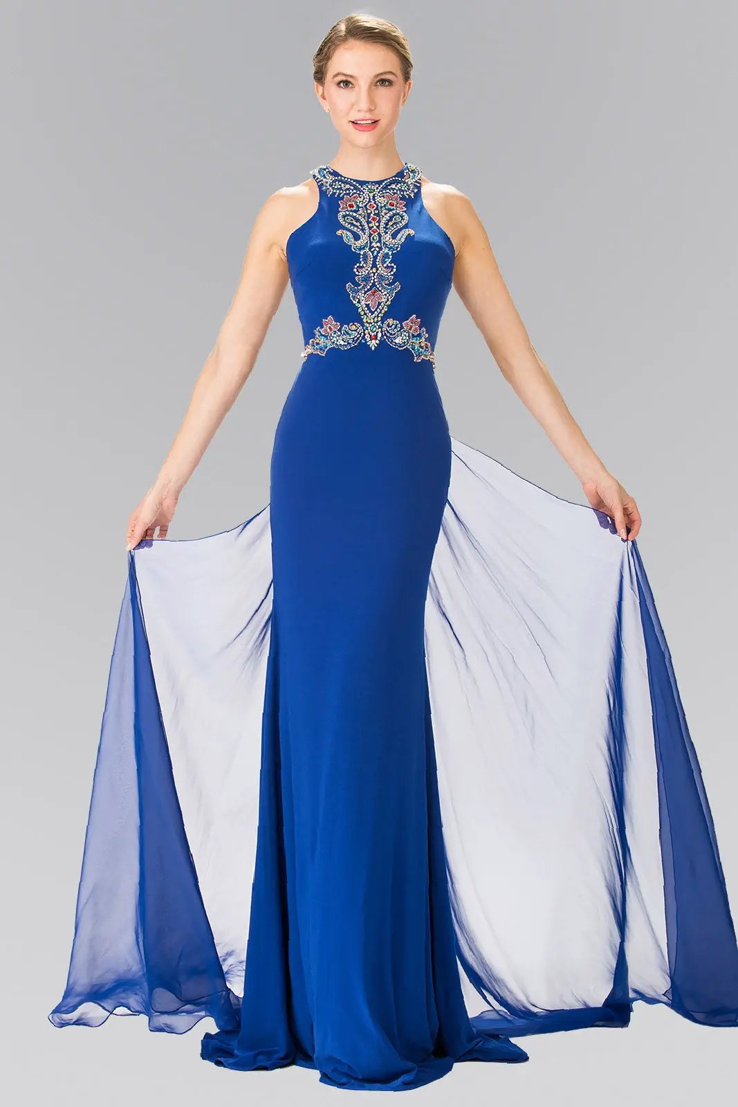 High Neck Beaded Top and Sheer Back Accented with Chiffon Tail by Tux-USA