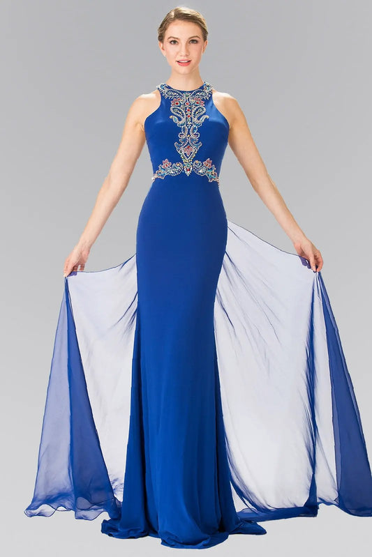 High Neck Beaded Top and Sheer Back Accented with Chiffon Tail by Tux-USA