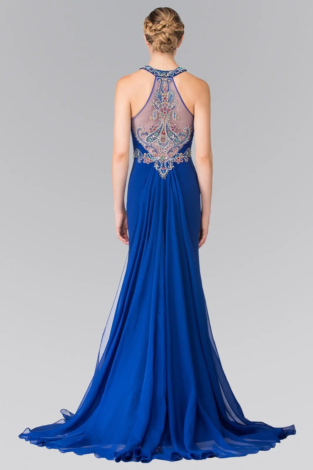High Neck Beaded Top and Sheer Back Accented with Chiffon Tail by Tux-USA