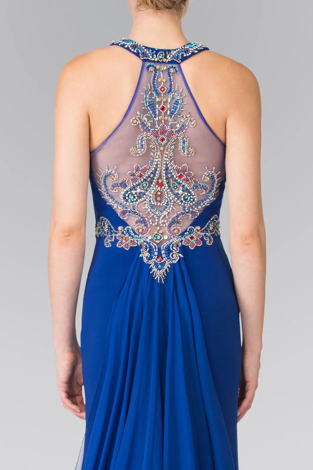 High Neck Beaded Top and Sheer Back Accented with Chiffon Tail by Tux-USA