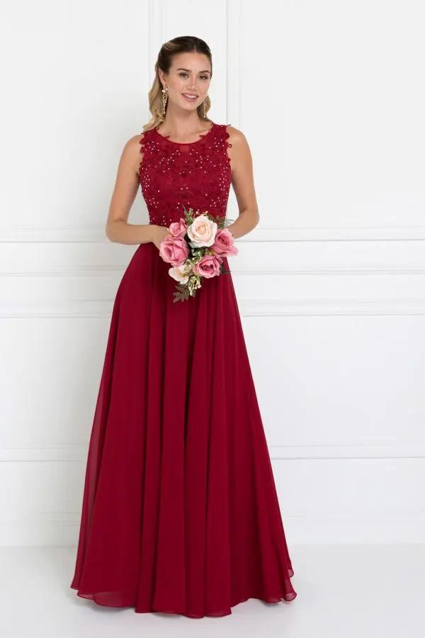 Jewel Embellished Lace Top Chiffon Long Dress by Tux-USA