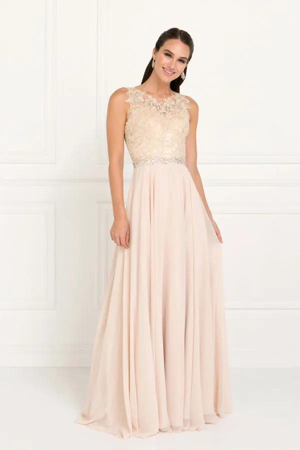Jewel Embellished Lace Top Chiffon Long Dress by Tux-USA