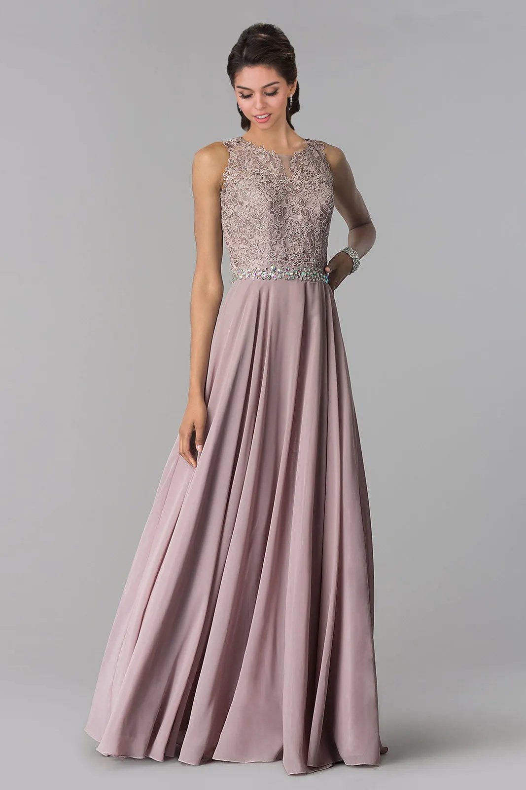 Jewel Embellished Lace Top Chiffon Long Dress by Tux-USA