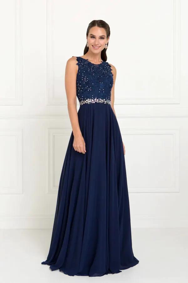 Jewel Embellished Lace Top Chiffon Long Dress by Tux-USA